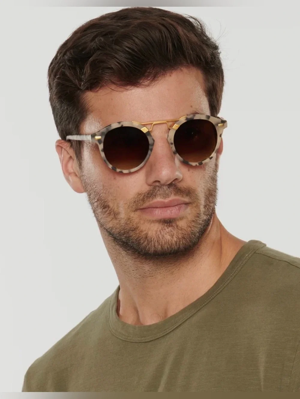 KREWE STL II Matte Oyster 24k Gold Tortoiseshell Round Sunglasses